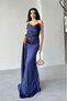 Navy Blue Strapless Draped Satin Evening Dress