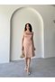 Beige Floor Detailed Strappy Satin Mini Evening Dress - 3