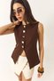Women's Bitter Brown Regular Bisilet Collar Gold Button Detailed Lined Woven Vest 9005 60283150 - 3