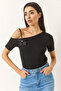 Women's Black Floral Detailed Single Sleeve Thin Strap Ottonom Blouse 948 60283230 - 2