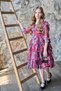 Girl's Rose Patterned Burgundy Dress with Layered Ruffles and Pleated Collar and Skirt - 4