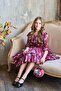 Girl's Rose Patterned Burgundy Dress with Layered Ruffles and Pleated Collar and Skirt - 3