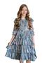 Girl's Rose Patterned Green Dress with Layered Ruffles at the Collar and Skirt - 6