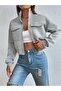 Women's Mock Neck Pocketed Grey Cropped Jacket - Cardigan - 3