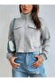 Women's Mock Neck Pocketed Grey Cropped Jacket - Cardigan - 4