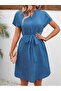 Summer Women's Blue Sofia Linen Dress with Belt, Comfortable Fit, Elegant Midi Length Design - 3