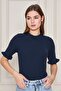 Women's Navy Blue Ruffled Short Sleeve Ribbed Knitwear Blouse 1212