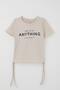Girl's T-Shirt Side Gathered Text Printed 8-14 Years, Beige