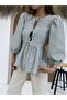 Blouse Bow Balloon Sleeve Black Straight Line Poplin Women's Blouse - 5