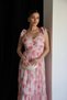 Pink Floral Patterned Gipe Detailed Tie-Up Maxi Long Length Premium Chiffon Dress - 2