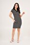 Ribbed Striped Polo Neck Black Dress