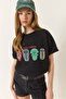 Women's Black Printed Oversize Short Sleeve Basic T-Shirt 60284034