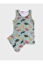 Boy's 100% Cotton Green Dinosaur Patterned Mesh Stitched Undershirt Boxer Set - 3