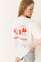 Women's Ecru Printed Cotton Oversize Knitted T-Shirt 60284039 - 4
