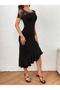 Women's Short Sleeve Open Collar Lace Detailed Ruffled Asymmetrical Janjan Crepe Dress - 3