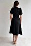 Black Balloon Sleeve Front Button Detail Crepe Fabric Midi Dress - 3