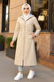 Women's Cream Ankle and Striped Hooded Bondip Long Trench Coat Cap