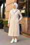 Women's Cream Ankle and Striped Hooded Bondip Long Trench Coat Cap - 6