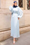 Ice Blue Waist Belted Balloon Sleeve Pleated Dress - 2