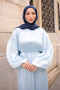Ice Blue Waist Belted Balloon Sleeve Pleated Dress - 5