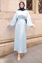 Ice Blue Waist Belted Balloon Sleeve Pleated Dress