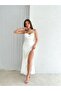 Corset-Shaped Back Low-Cut Deep Slit Thin Strap Midi White Dress