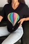 Women's Black V-Neck Large Size Balloon Sequin Sequin Embroidered 100% Cotton T-Shirt - 5