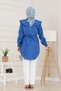Wide Collar Tunic with Lace-Up Detail at Waist - Indigo - 5