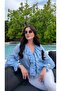 Blue V-Neck Ruffle Detailed Blouse Shirt
