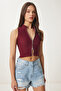Women's Burgundy Zippered Corded Crop Blouse Kh00100 - 2