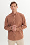 Men's Brown Comfort Fit Relaxed Cut Hidden Button Collar 100% Cotton Flared Shirt - 3
