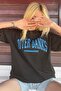 Black Printed Oversize Round Neck Women's T-Shirt - 7