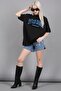 Black Printed Oversize Round Neck Women's T-Shirt - 2
