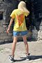 Yellow Printed Oversize Round Neck Women's T-Shirt - 3
