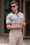 Grey Striped Polo Collar Zippered T-shirt 6898