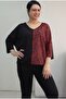 Black V-Neck Skirt Cuffed Dark Red Color Block Combed Viscose Bat Elbow Sleeve T-Shirt - 6