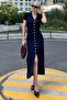 Navy Blue Buttoned V-Neck Long Knitwear Dress Mg2078 - 2