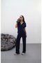Women's Navy Blue Comfortable Stretchy Knitted Polo Neck Tshirt and Loose Wide Leg High Waist Sweatpants Bottom-Top Set - 3