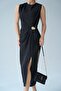 Women's Black Crew Neck Drape Gold Accessory Detailed Slit Midi Dress - 3