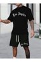 Los Angeles City Art Font Printed Versatile Short Sleeve T-Shirt and Shorts Set, Summer for Men