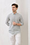 Men's Khaki Striped Cotton Linen Modern Slim Fit Shirt