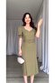 Khaki Balloon Sleeve Double Slit Belted Midi Dress - 4
