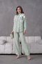 Women's Front Embroidered Rose Floral and Stone-Embellished Ribbon Detail Linen Shirt and Trousers Top and Bottom Set