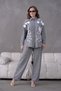 Women's Front Embroidered Rose Floral and Stone-Embellished Ribbon Detail Linen Shirt and Trousers Top and Bottom Set - 2