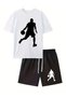 Basketball Silhouette Printed Men's Fashion Casual Two-Piece Set, Round Neck Short Sleeve T-Shirt - 4