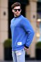 Indigo Crew Neck Oversize Men's Sweatshirt with Embroidered Emblem Detail 7043 - 2