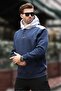 Navy Blue Hooded Color Blocked Embroidery Detailed Men's Sweatshirt 7088 - 3