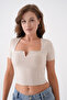 Women's Stretchy Fabric Square Neck V Detailed Short Sleeve Blouse Beige
