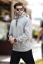 Painted Gray Hooded Embroidered Men's Sweatshirt with Pocket Detail 7054 - 3