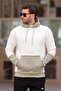 Ecru Hooded Printed Men's Sweatshirt with Pocket Detail 7083 - 2